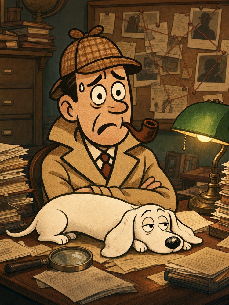 Crucipuzzle adulti cozy crime — il Commissario Distratto alla sua scrivania disordinata, del tutto perso e sopraffatto dal caso